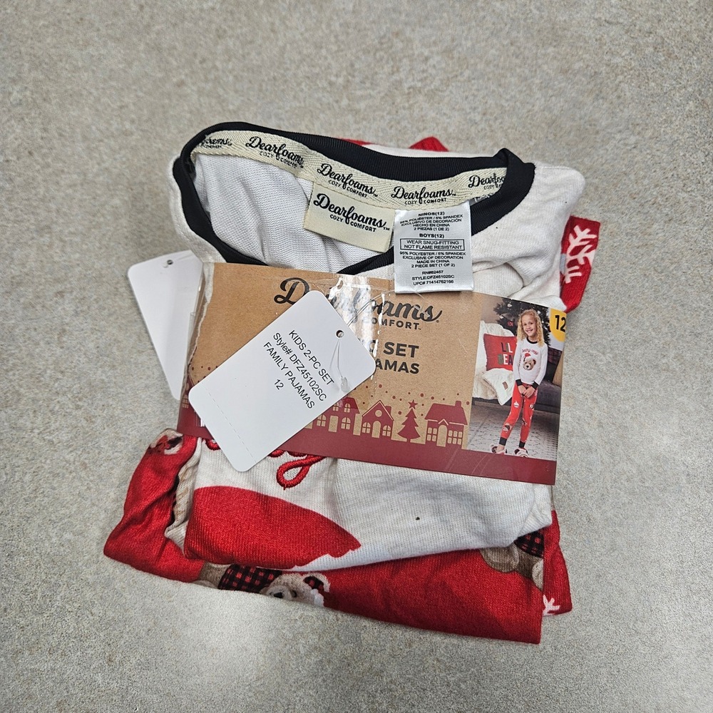Dearfoams Pajama‎ Set Kids 12 Oatmeal Red Holiday Bear Snug Fit Christmas PJs